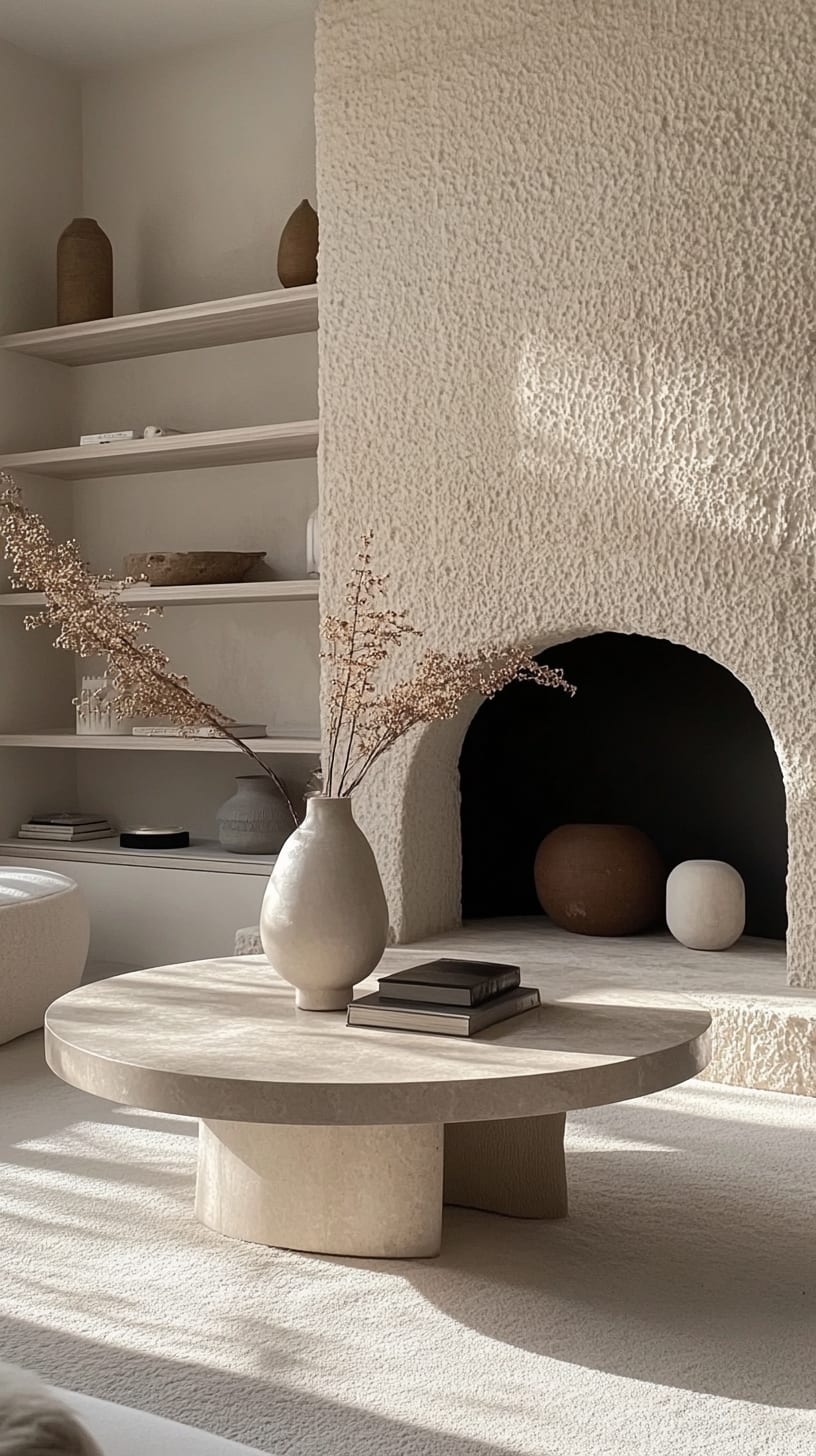 A serene Japandi-style living room featuring a round coffee table, a beige textured fireplace, and soft sunlight filtering through, creating a warm and inviting atmosphere.