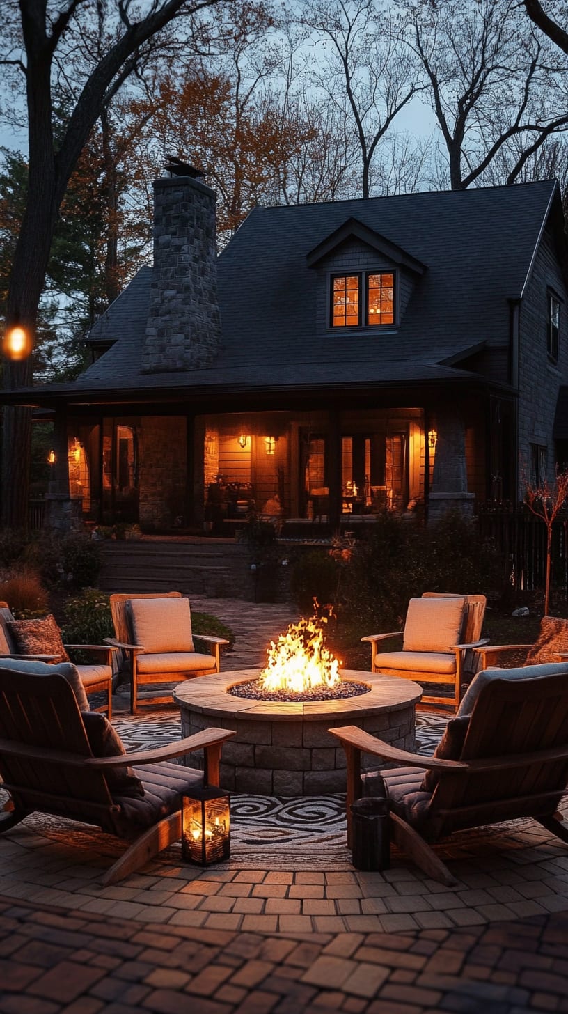 A cozy outdoor setting with comfortable chairs around an elegant fire pit, illuminated by warm lighting, creating an inviting atmosphere in front of a charming cottage-style house at dusk.