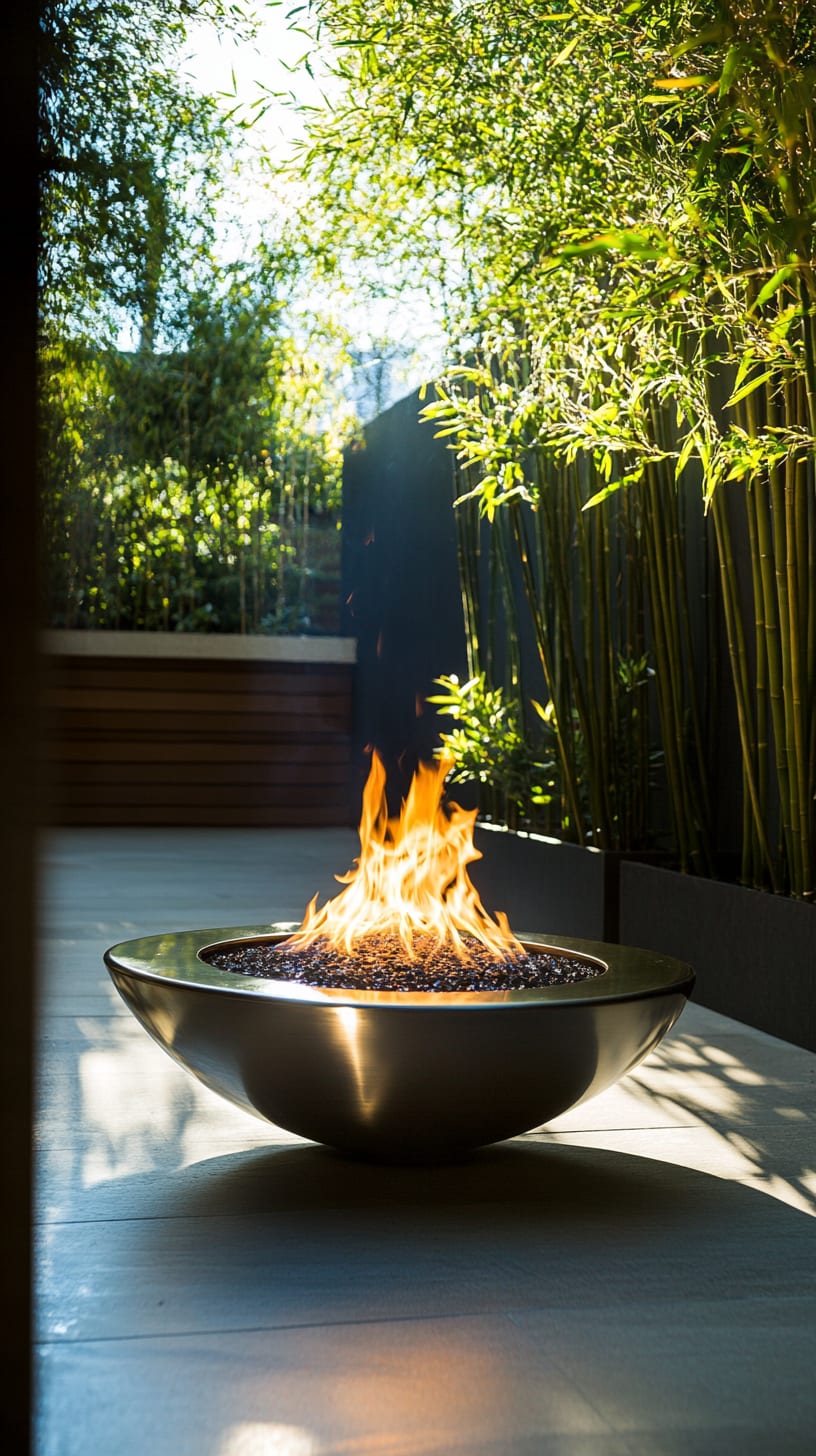 A modern bowl-shaped fire pit with flickering flames surrounded by bamboo and greenery on a sunny patio.