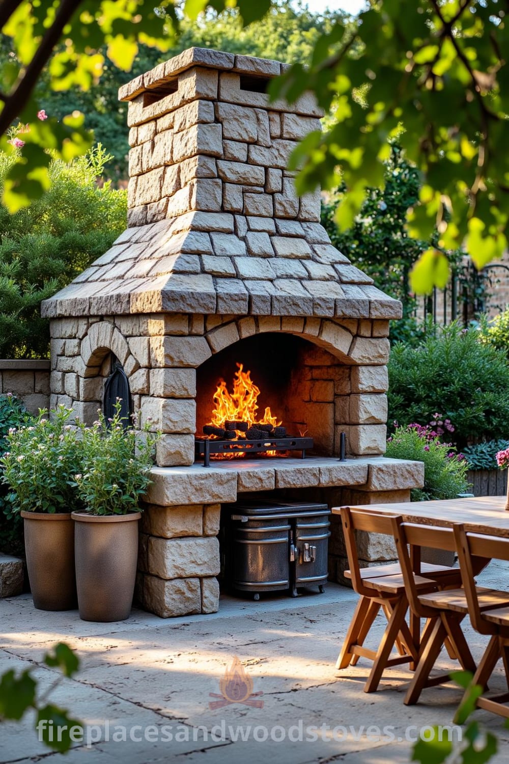 A cozy outdoor stone barbecue nestled in a garden corner, radiating charm with flickering flames and a picnic table surrounded by herbs and flowers, ideal for summer gatherings, featuring unique ideas for your home. Visit fireplacesandwoodstoves.com for more decor inspirations.