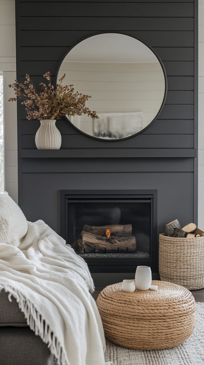 A cozy living room featuring a black shiplap fireplace wall, a large round mirror, a fluffy blanket, and a wicker basket with firewood, showcasing a modern farmhouse aesthetic.