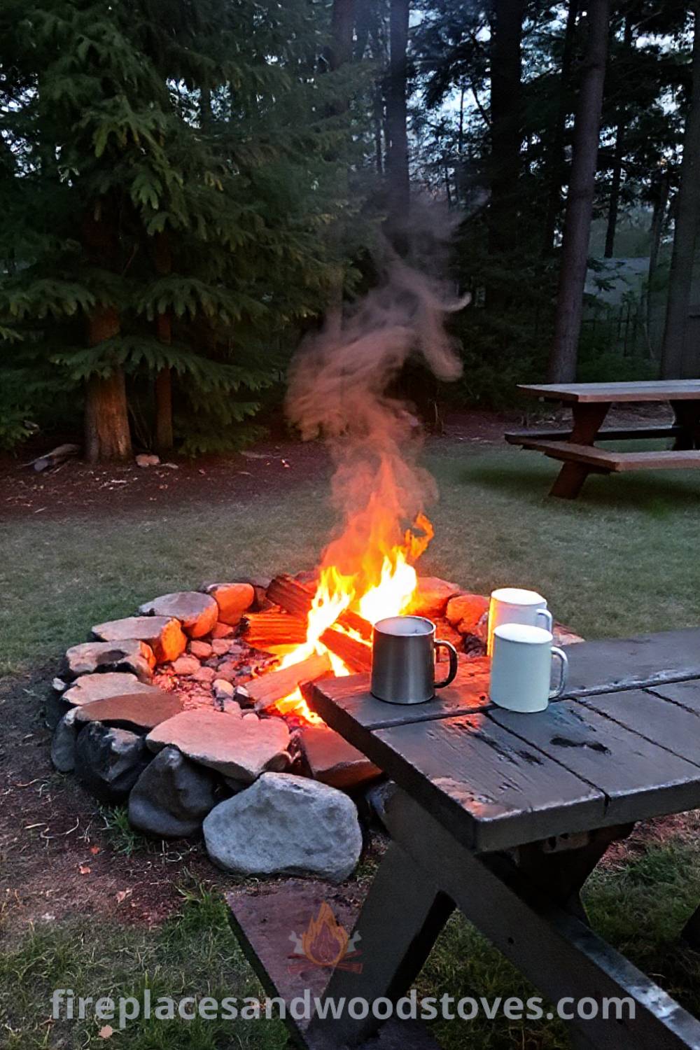 Cozy backyard camping scene featuring a wood-burning fire pit surrounded by uneven stones, illuminated by flickering flames, with a picnic table ready for marshmallows; a perfect outdoor setting for fun gatherings. Visit patioandhomefurniture.com for stylish ideas transforming your backyard into a dream space.