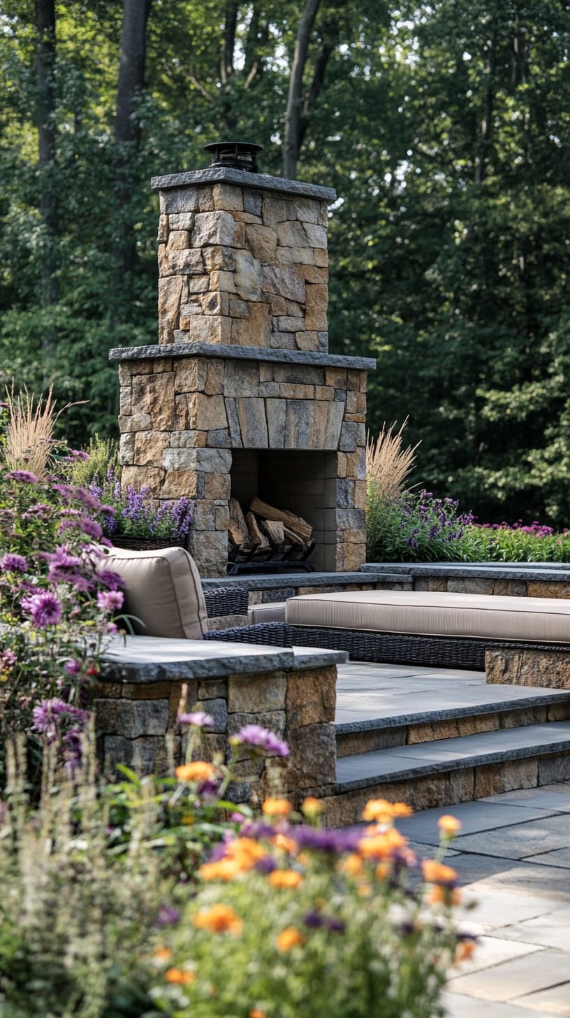 An outdoor fireplace surrounded by colorful flowers and comfortable seating in a New England backyard, creating a cozy and inviting atmosphere.
