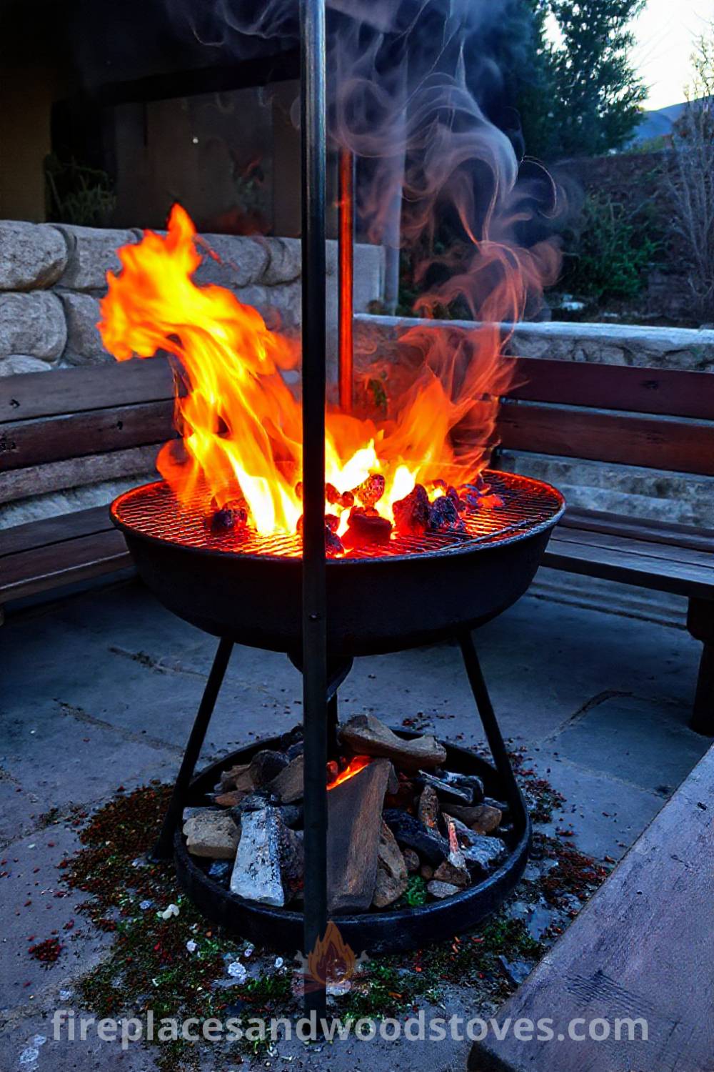 A traditional Turkish mangal barbecue on a stone patio with glowing charcoal embers, surrounded by herbs and spices, creating a cozy outdoor gathering space. Visit patioandhomefurniture.com for stylish ideas that will wow your guests and transform your backyard into a dream setting.