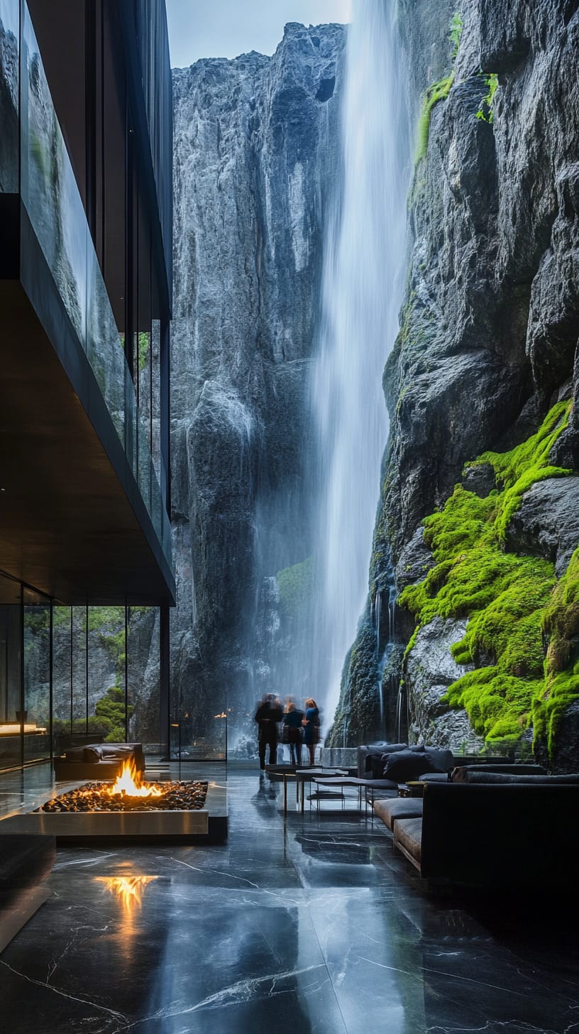 A luxury hotel lobby with modern architecture, a fireplace, and large windows overlooking a waterfall and mossy cliffs.