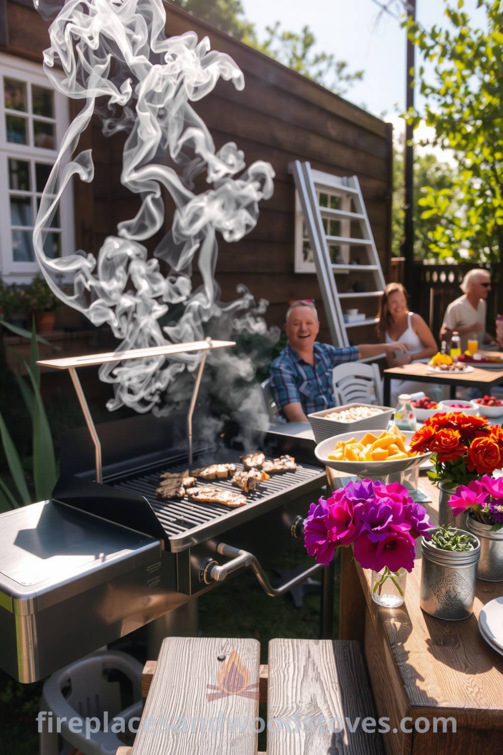 Backyard barbecue scene featuring a metal grill with sizzling meat, a wooden table with side dishes, vibrant flowers in galvanized pots, and a lively summer gathering atmosphere, providing cozy ideas for outdoor decor inspirations on fireplacesandwoodstoves.com.