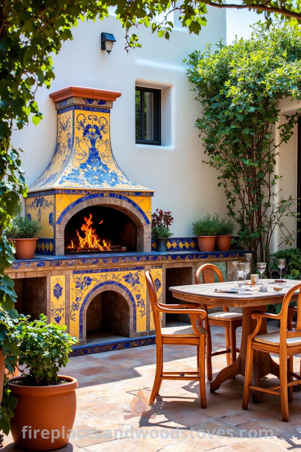 Vibrant Mediterranean tile outdoor barbecue on a sunlit patio, surrounded by rustic wooden furniture and terracotta pots with herbs, casting a warm glow from the flickering flames, illustrating cozy design ideas for your home. Visit fireplacesandwoodstoves.com for more inspiring decor inspirations.