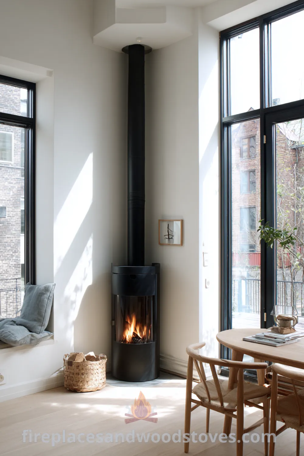 Bright room with a black steel fireplace, light wood furniture, and large windows showcasing a cozy urban retreat vibe, modern scandinavian fireplace, clean line industrial fireplace, and functional scandi fireplace.
