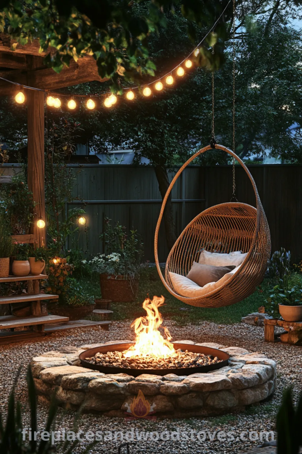 Cozy backyard fire pit area on fireplacesandwoodstoves.com, featuring outdoor seating, cozy ideas, and inspiring designs for an outdoor hangout area.