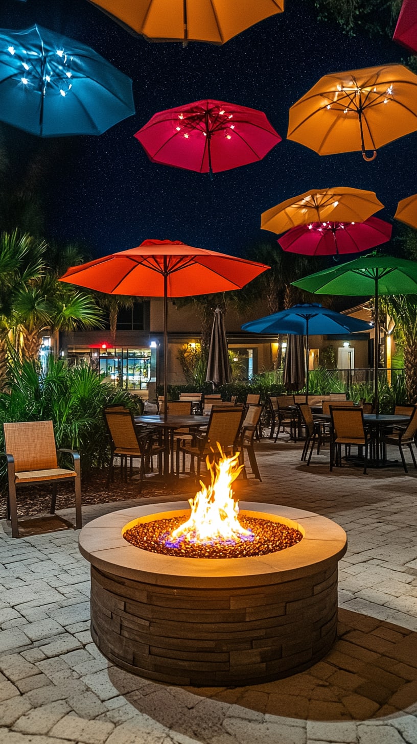 An outdoor fire pit with colorful umbrellas creating a cozy atmosphere for socializing in a Florida hotel resort during summer nights.