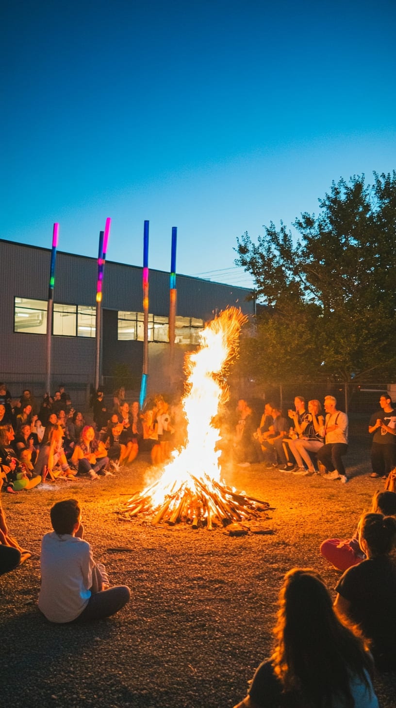 A large bonfire surrounded by students laughing and sitting on the ground, with colorful LED lights illuminating the night sky and a modern school building in the background.