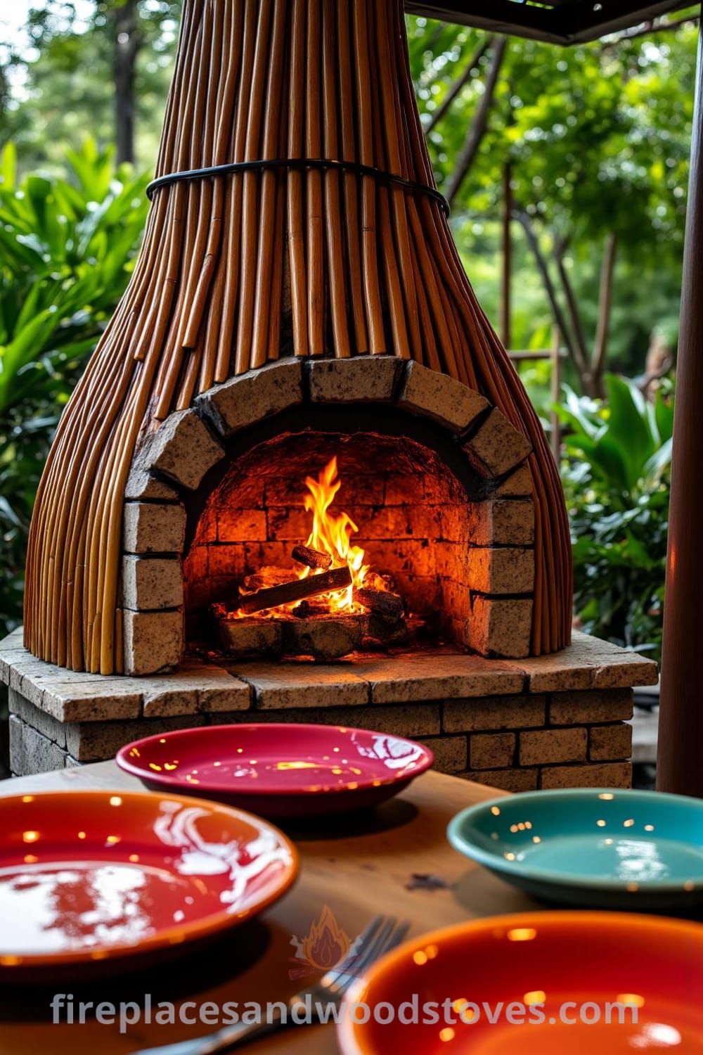Tropical bamboo barbecue fireplace on a wooden deck surrounded by lush greenery, featuring warm, flickering flames and a rustic picnic table set with colorful plates, perfect for outdoor gatherings. Visit fireplacesandwoodstoves.com for unique decor ideas and inspirations for your home.