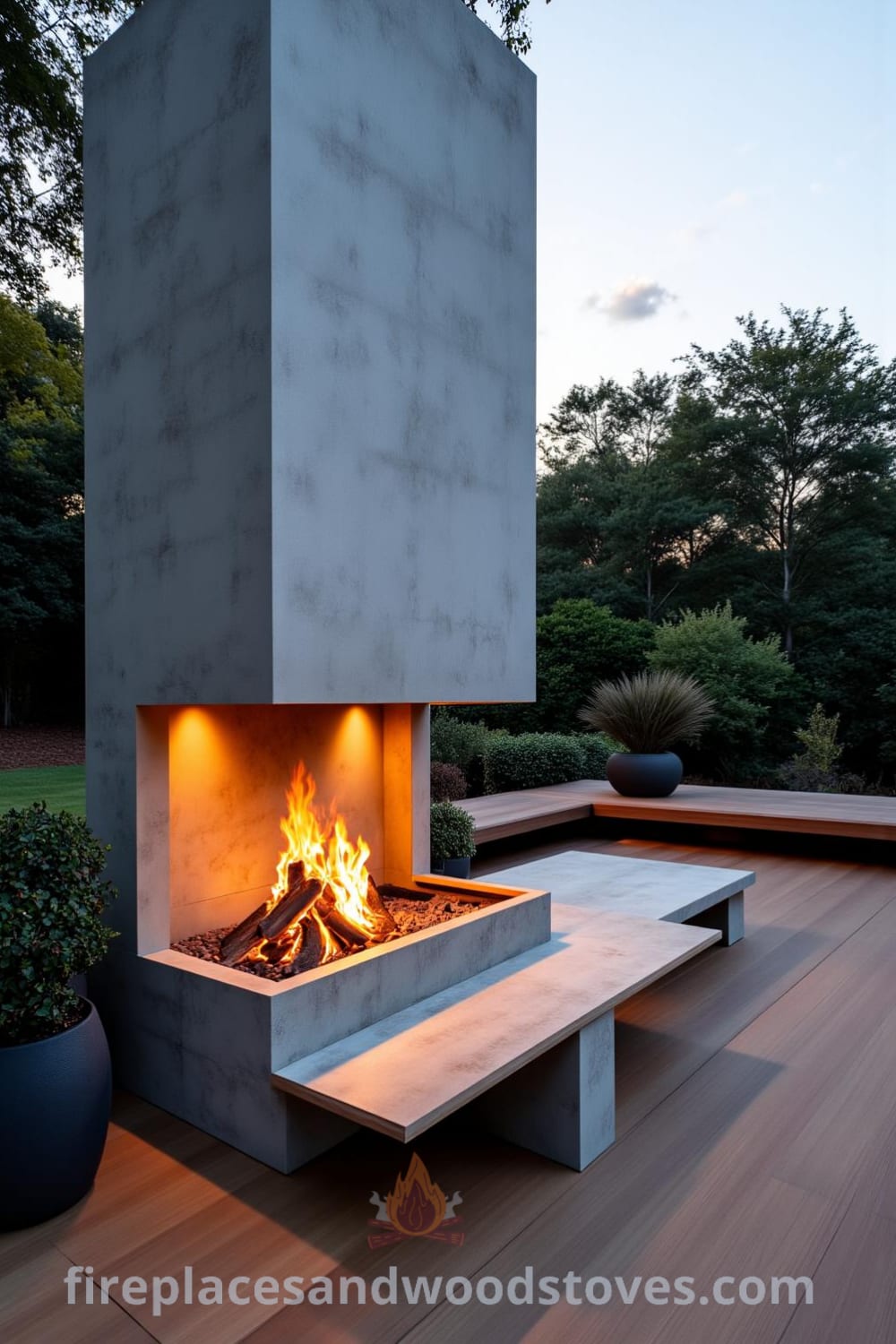 Minimalist concrete outdoor fireplace on a wooden deck, with gentle flames dancing, surrounded by potted plants and a simple bench, creating a cozy and inviting atmosphere, ideal for outdoor gatherings, featuring inspiring decor ideas from fireplacesandwoodstoves.com.