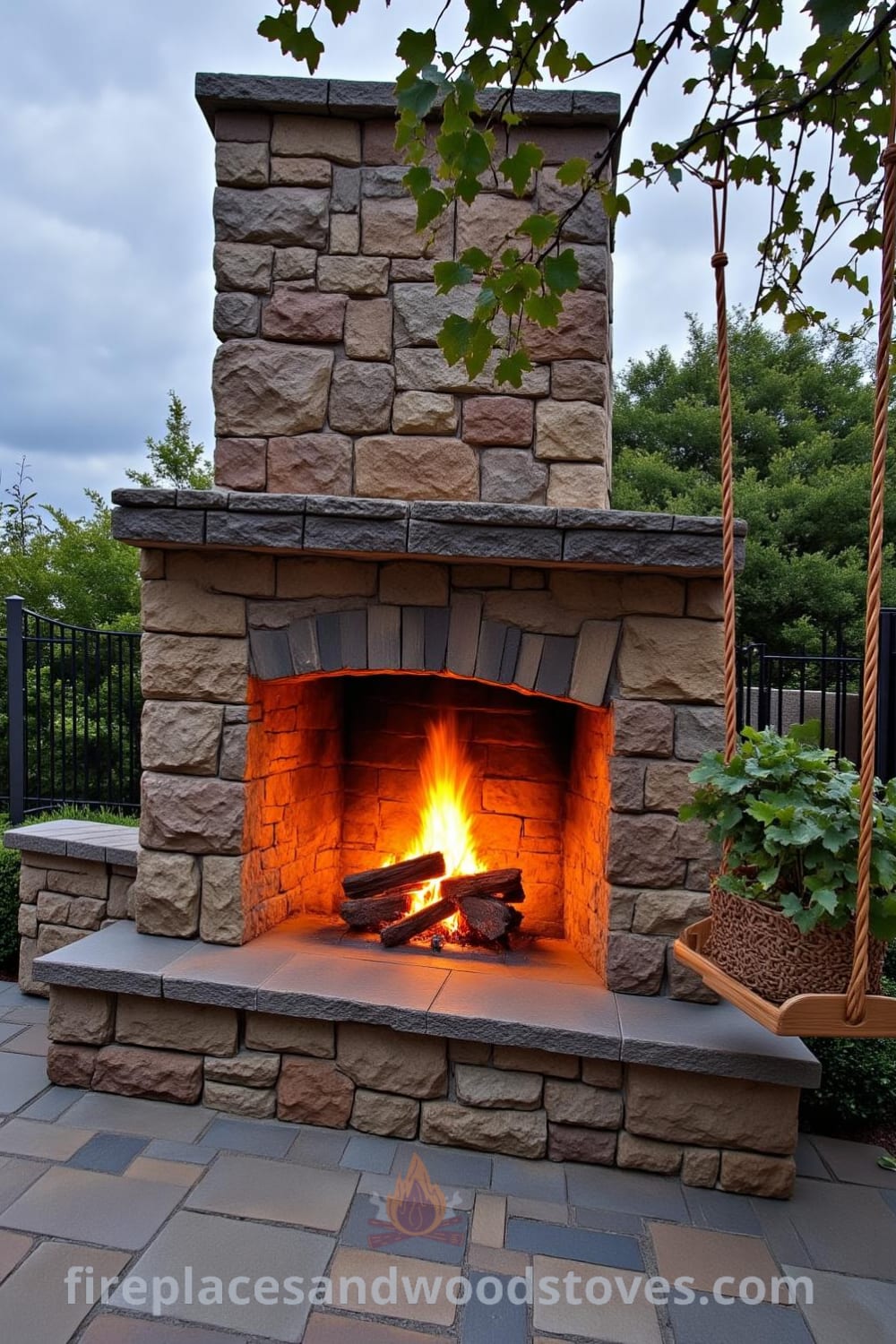 Aged stone outdoor fireplace on a flagstone patio with flickering flames and a wooden swing hanging from a tree branch, creating a warm and inviting atmosphere, ideal for cozy gatherings. Find more cozy ideas at fireplacesandwoodstoves.com.