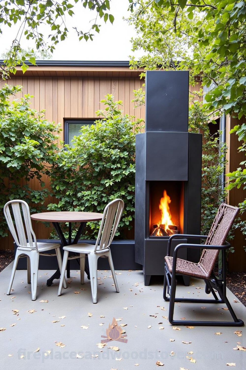 Outdoor urban steel fireplace on a concrete patio, surrounded by mismatched chairs and a weathered wooden table, radiating warmth with flickering flames, creating a cozy atmosphere perfect for gatherings, inspiring decor ideas for your home, featured on fireplacesandwoodstoves.com.