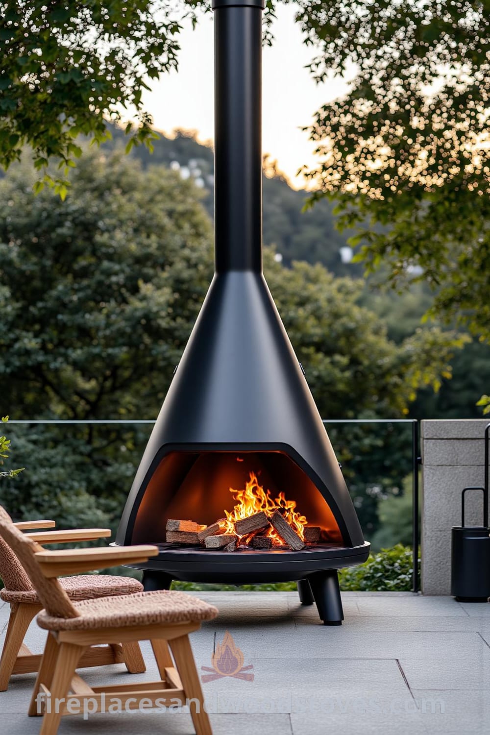 Scandinavian minimalist outdoor barbecue on a stone patio surrounded by greenery, featuring a wood-burning fire and rustic wooden chairs, ideal for cozy gatherings and outdoor dining, from fireplacesandwoodstoves.com.