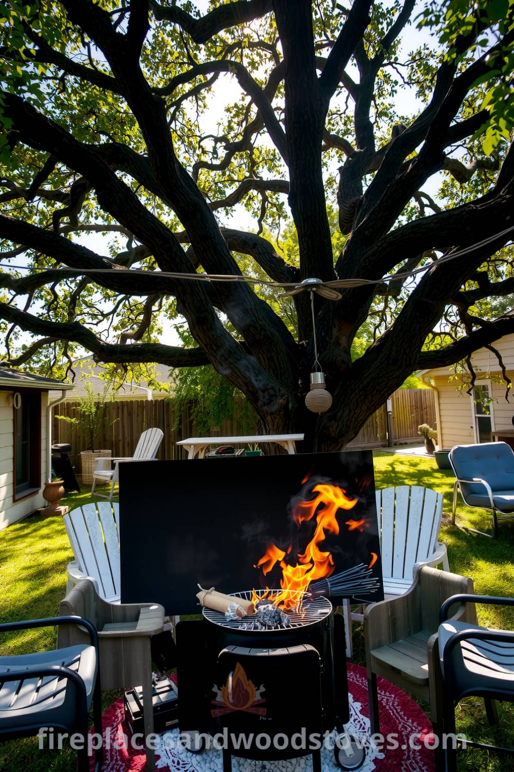 Barbecue under a sprawling oak tree in a sunlit backyard, featuring a weathered metal grill surrounded by mismatched patio chairs, evoking cozy ideas for outdoor gatherings and inspiring design ideas for your home, showcased at fireplacesandwoodstoves.com.