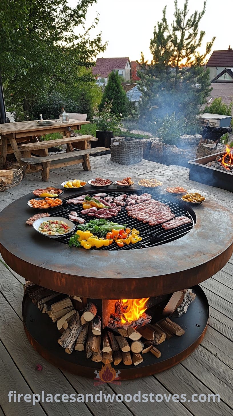 A round metal fire pit filled with grilled meats and vegetables, surrounded by wooden benches in a cozy outdoor garden setting.