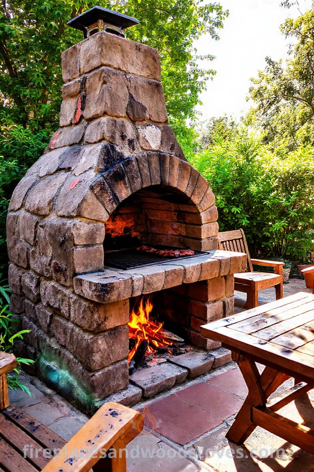 Sturdy stone BBQ oven on a sun-drenched patio with lush greenery and wooden furniture, creating a cozy outdoor space perfect for summer cookouts. Visit patioandhomefurniture.com for stylish ideas that will wow your guests.