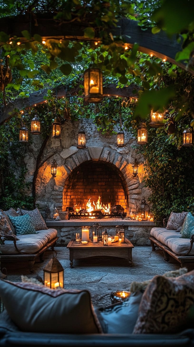 A rustic outdoor living area with an old stone fireplace, surrounded by lush greenery and hanging lanterns, creating a cozy ambiance for evening gatherings.