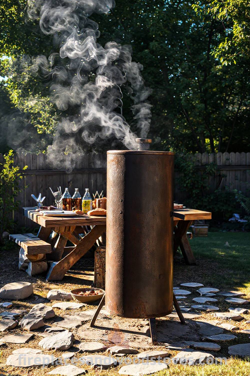 Tall vertical smoker barbecue in a sun-drenched backyard surrounded by stones and a rustic table, creating a cozy outdoor gathering for friends and family. Visit patioandhomefurniture.com for incredible ideas that will wow your guests.