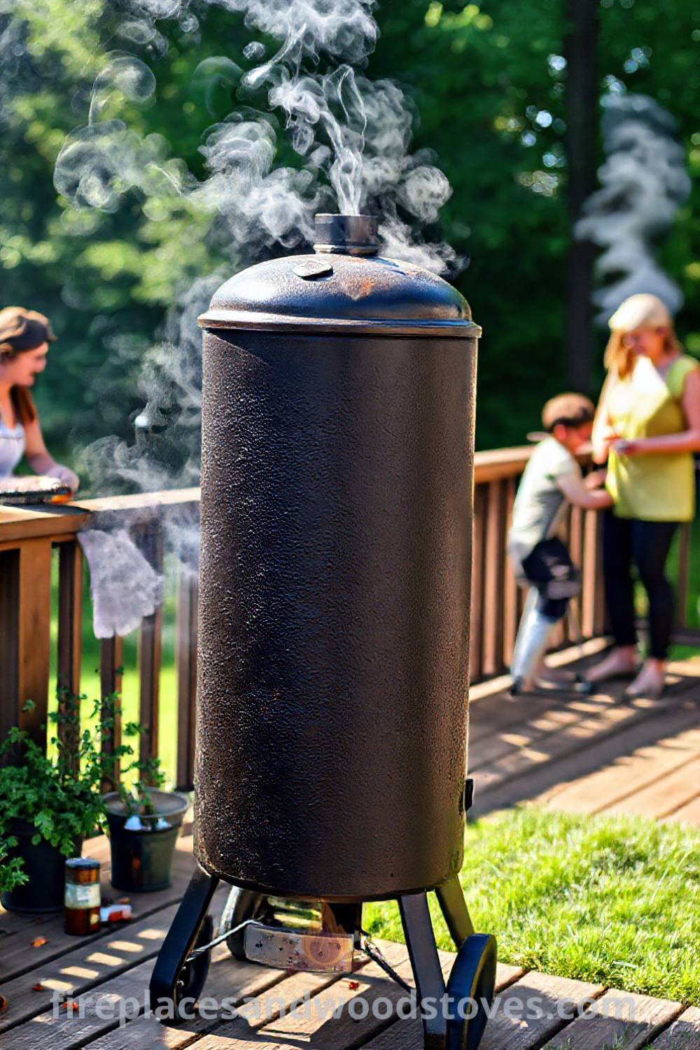 Tall vertical smoker barbecue on a wooden deck surrounded by potted herbs, emitting fragrant smoke while family enjoys a gathering, creating a cozy outdoor space for culinary adventures. Visit patioandhomefurniture.com for stylish outdoor design inspiration.