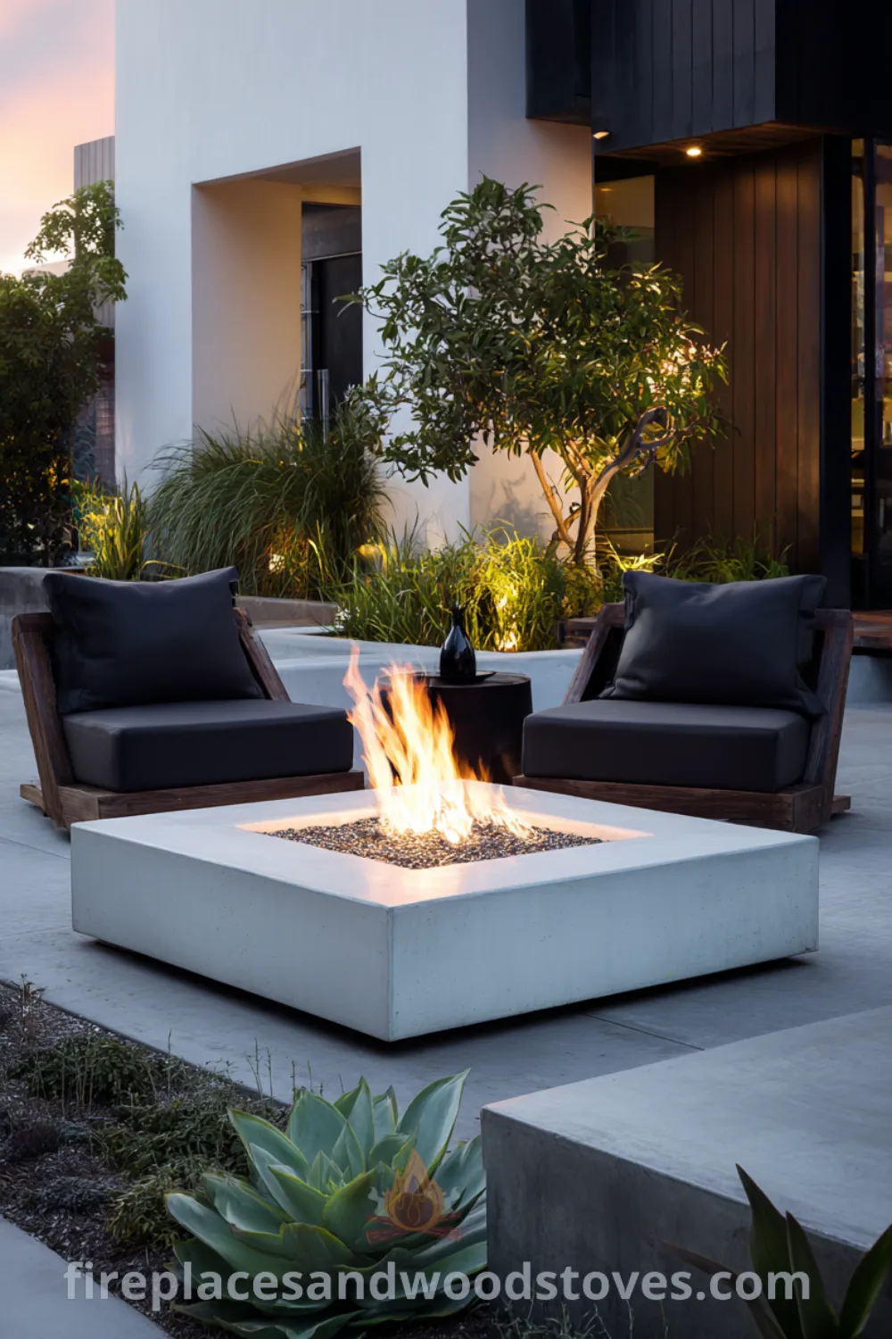 Square white concrete fire pit surrounded by dark chairs and succulent landscaping, showcasing modern minimalist fire pit design and serene fire pit area.