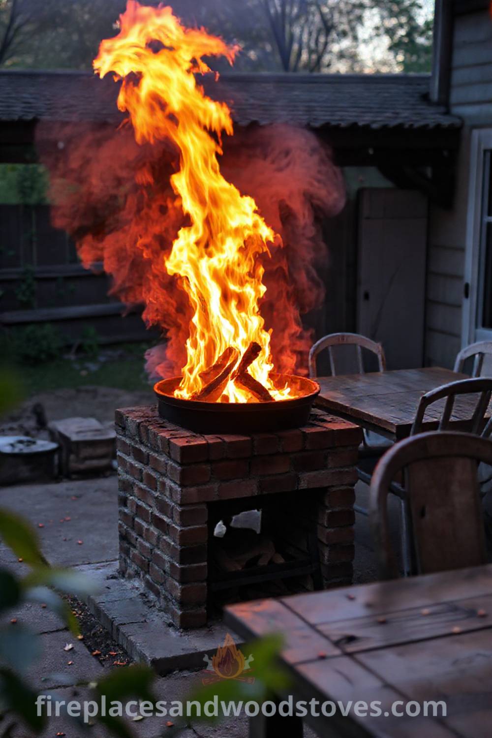 A cozy wood-fired barbecue on a rustic patio with an uneven brick encasement, surrounded by a wooden dining table and mismatched chairs, creating an inviting atmosphere for gatherings. Visit patioandhomefurniture.com for stylish outdoor design ideas that will wow your guests.