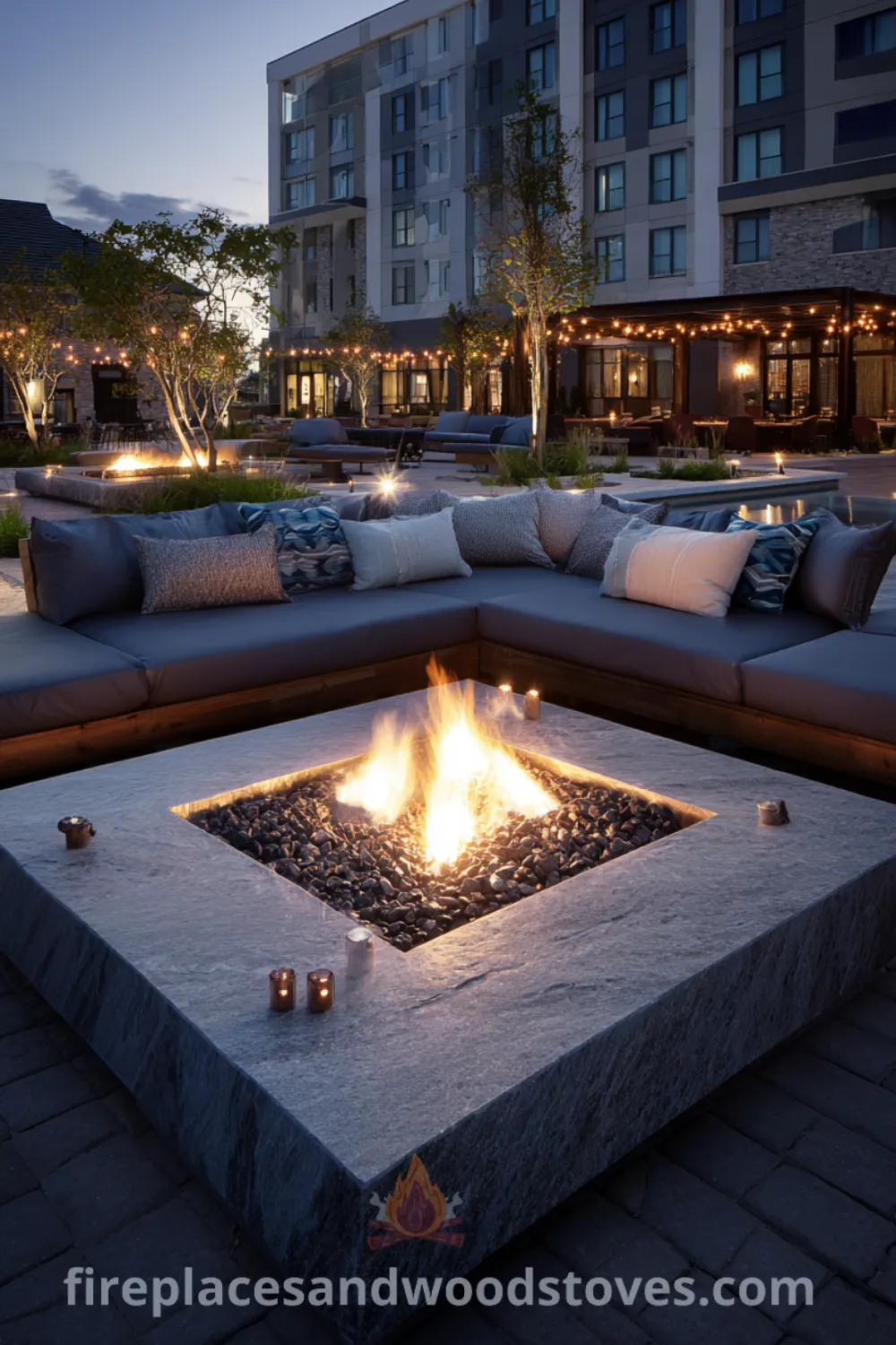 Gorgeous modern luxury fire pit area with plush seating, curated backyard design, sophisticated fire pit area, and ambient LED lighting.
