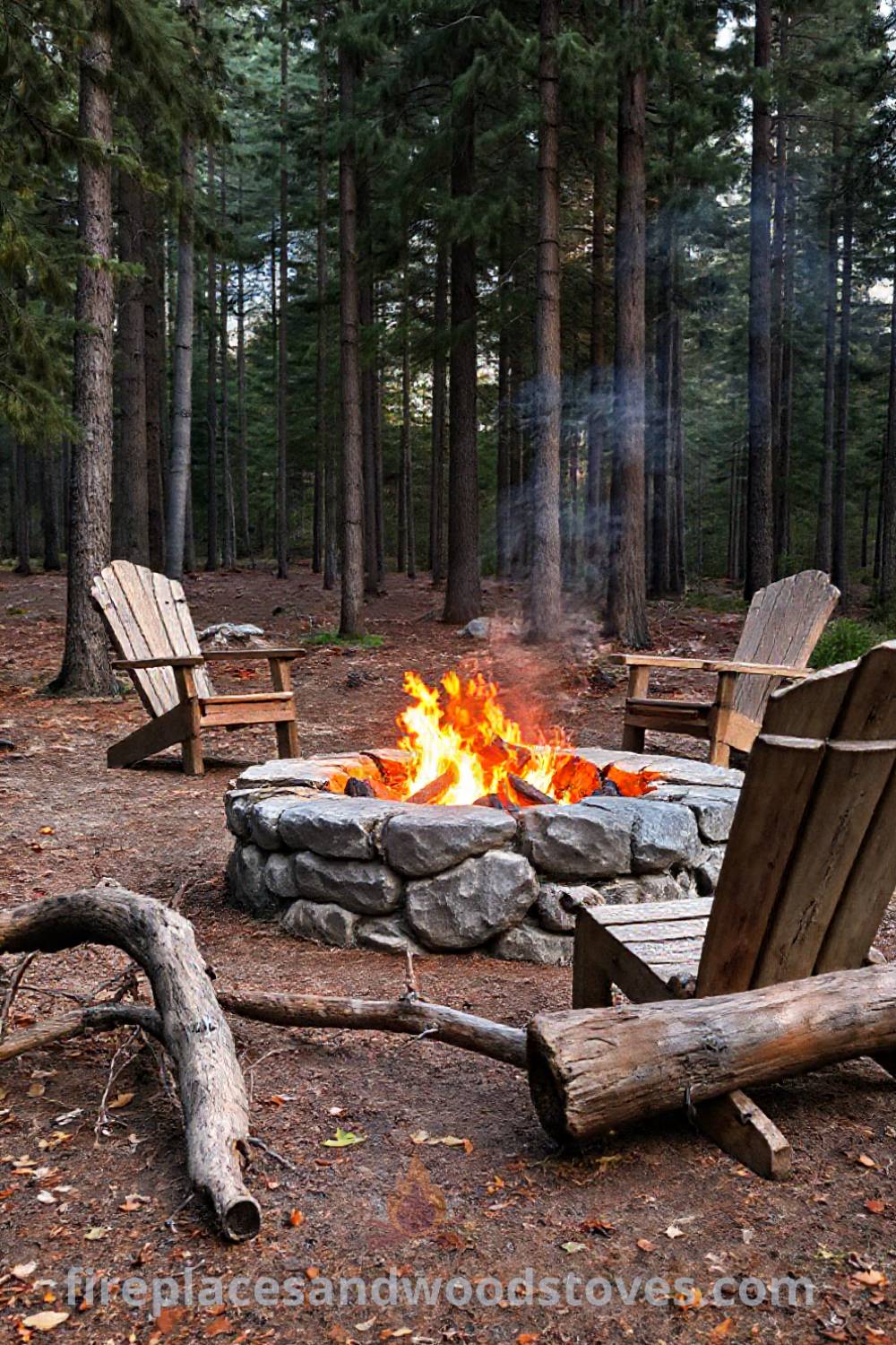 Rugged stone fire pit in a forest clearing, surrounded by tall pines, log chairs inviting gatherings for warmth and stories, offering cozy outdoor ideas for the coziest home. Visit patioandhomefurniture.com for stylish designs transforming your backyard.