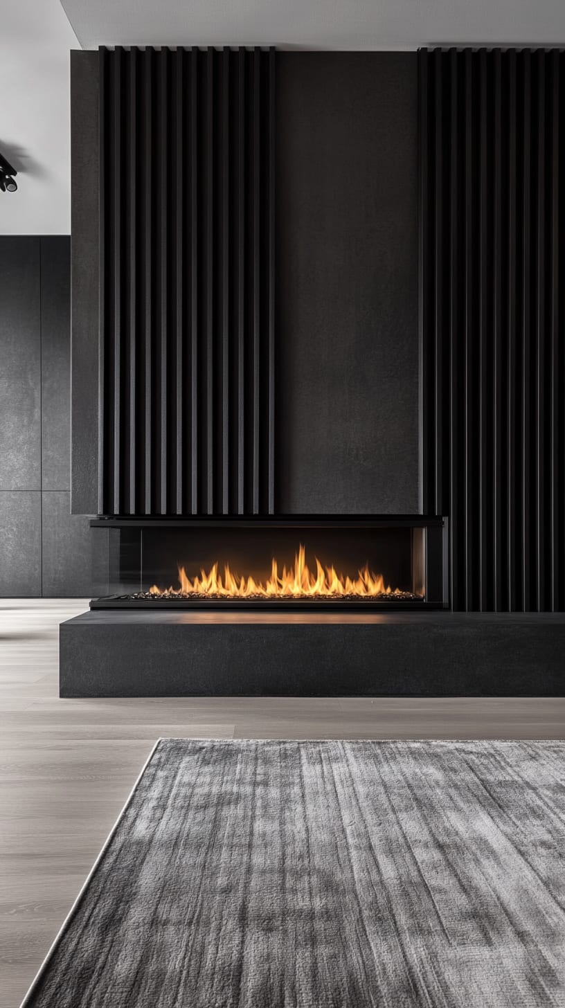 A modern fireplace with black slats on the wall, surrounded by a gray rug, creating a stylish and cozy atmosphere in a minimalist living room.