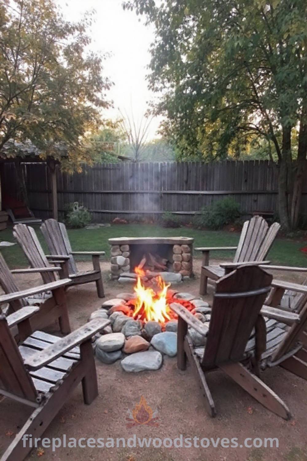 Rustic backyard featuring a wood-burning fire pit surrounded by mismatched wooden chairs, illuminated by the warm glow of flames, creating a cozy and inviting atmosphere for gatherings. Visit patioandhomefurniture.com for incredible outdoor design ideas that will wow your guests.