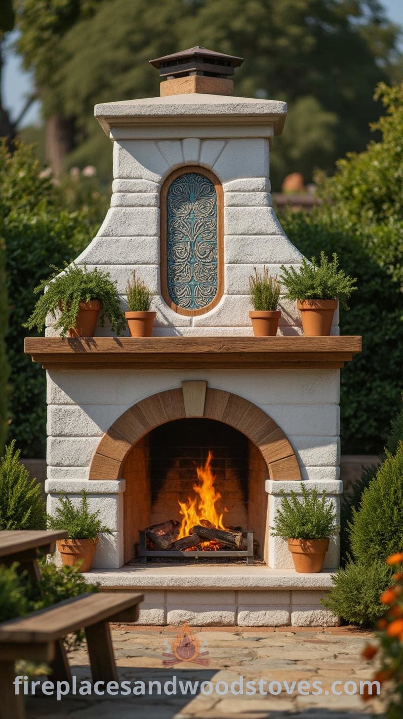 An outdoor fireplace made of whitewashed brick with decorative tiles, surrounded by potted plants, a stone floor, and a rustic wooden table, all set in a lush green environment.