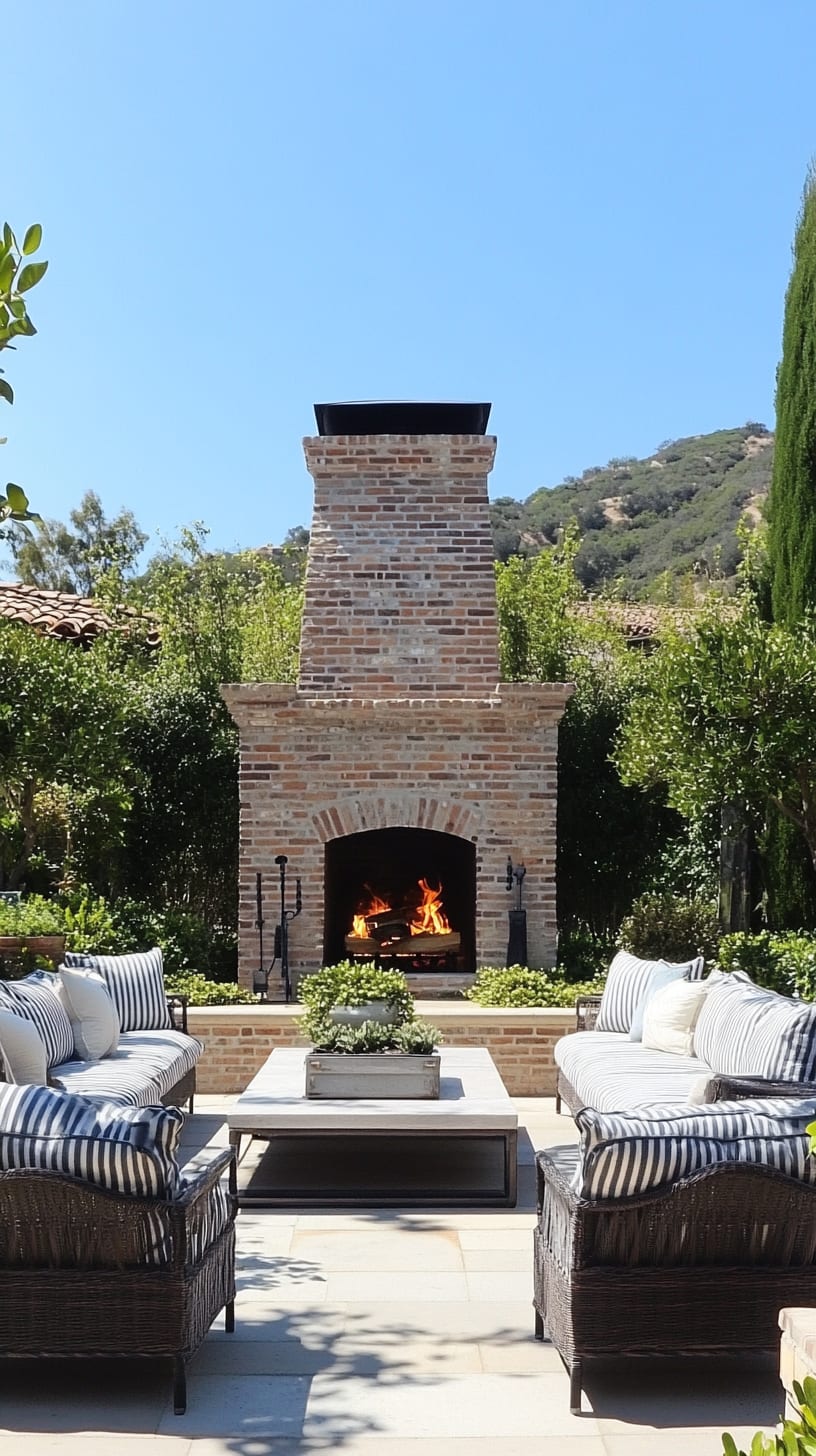 An outdoor fireplace with a tall stone chimney in a beautiful garden setting, surrounded by seating areas with striped cushions and lush greenery.