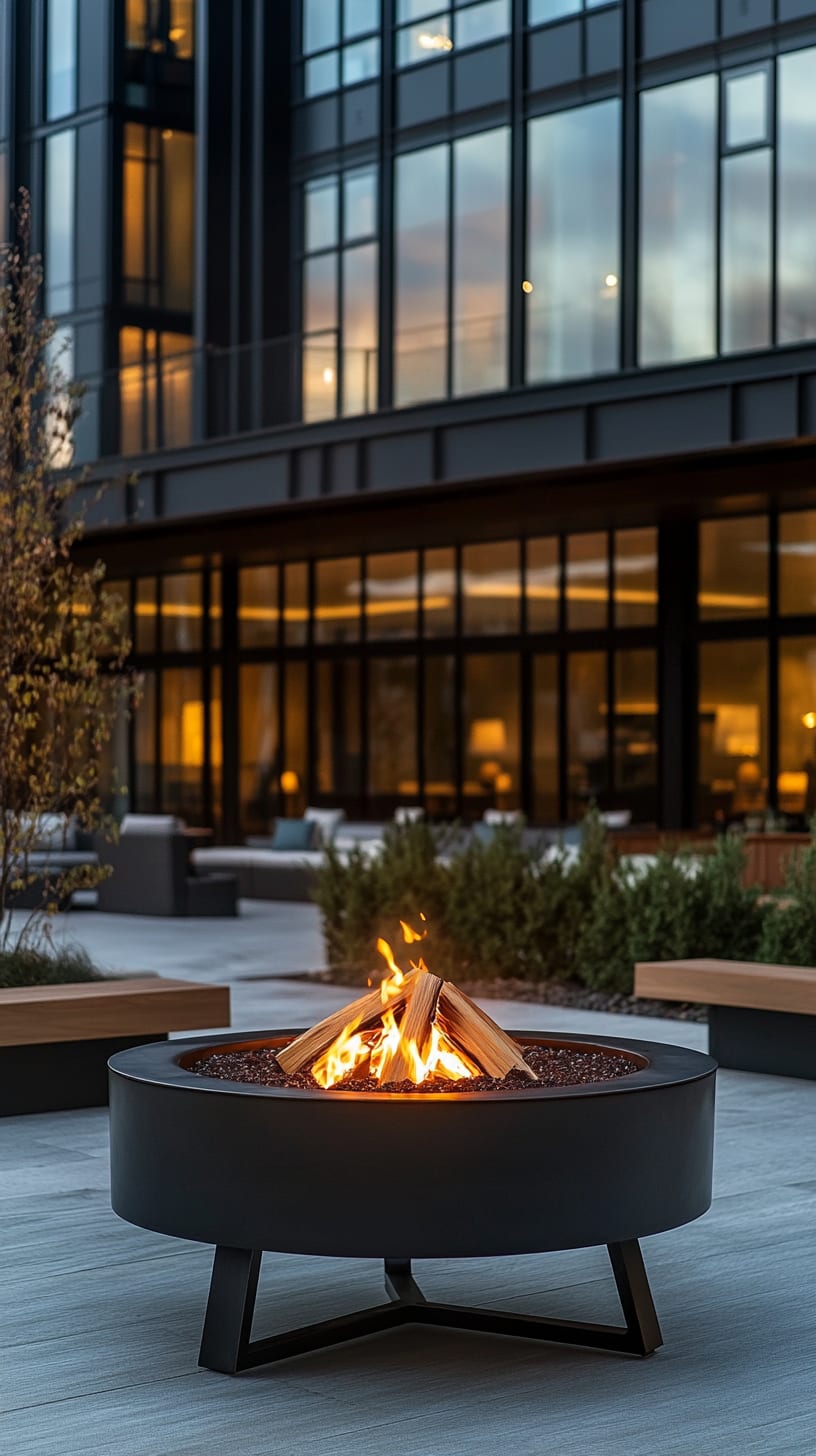 A modern fire pit with a black steel base surrounded by greenery in an outdoor courtyard, illuminated by soft flames at dusk.