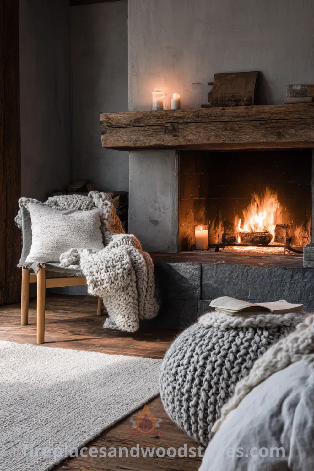 Cozy rustic scandi bedroom with low-profile fireplace surrounded by natural slate tiles, inviting reading nook, and earthy tones for a tranquil atmosphere.