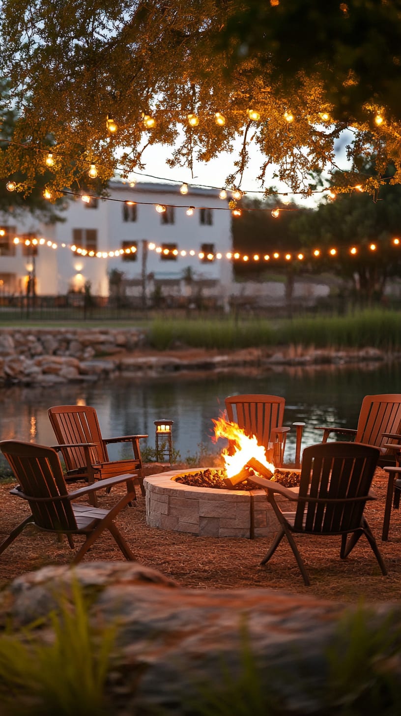 A cozy outdoor setting featuring a fire pit surrounded by chairs and illuminated by string lights, with a serene pond and white buildings in the background.