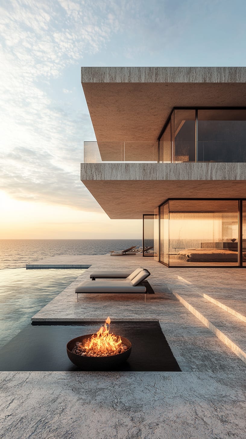 A luxurious modern beach house with large glass windows, an infinity pool, and a cozy fire pit overlooking the ocean at sunset.