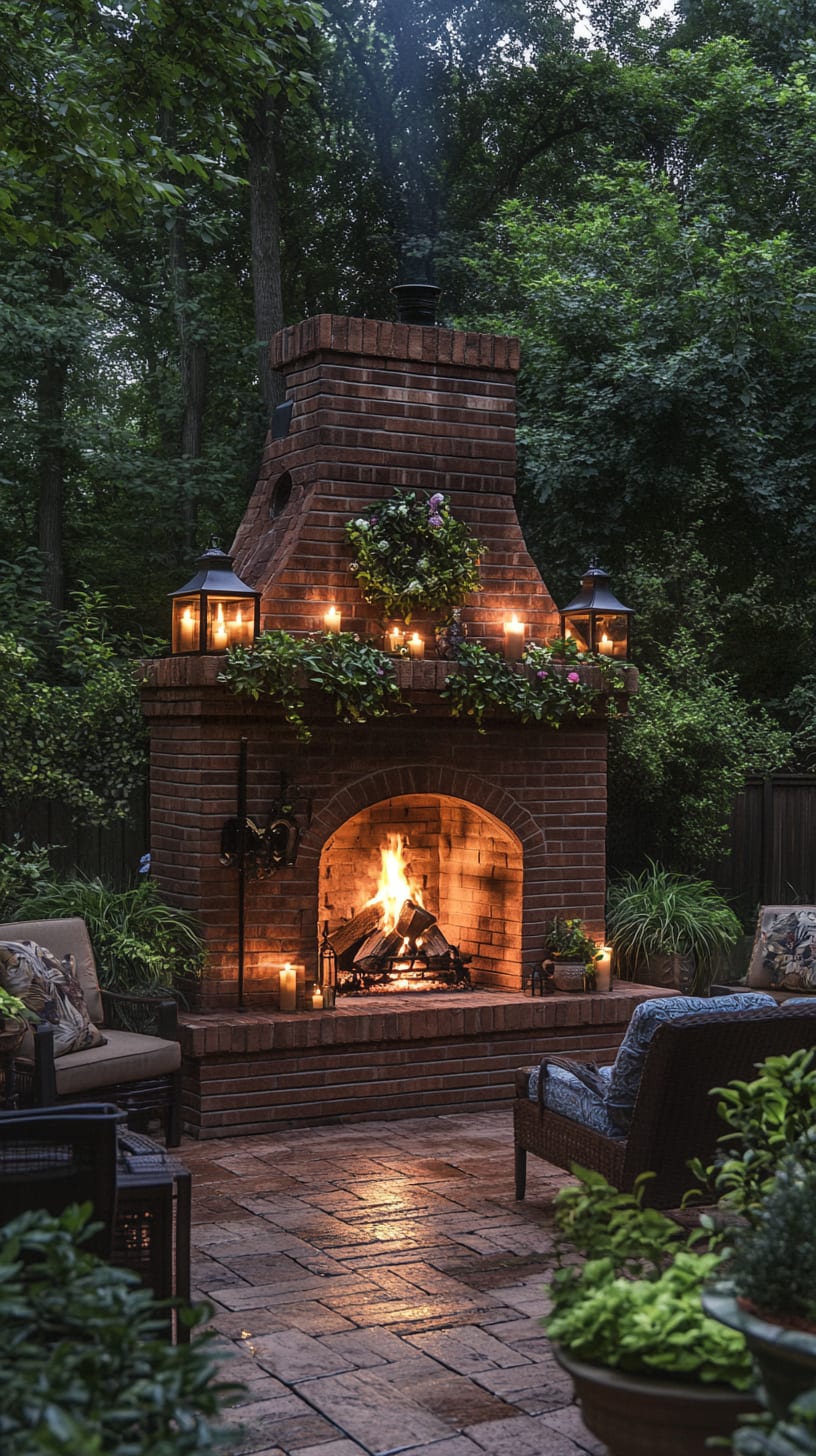 A rustic brick outdoor fireplace set in a lush backyard garden, surrounded by greenery and candles, creating a cozy atmosphere for gatherings.