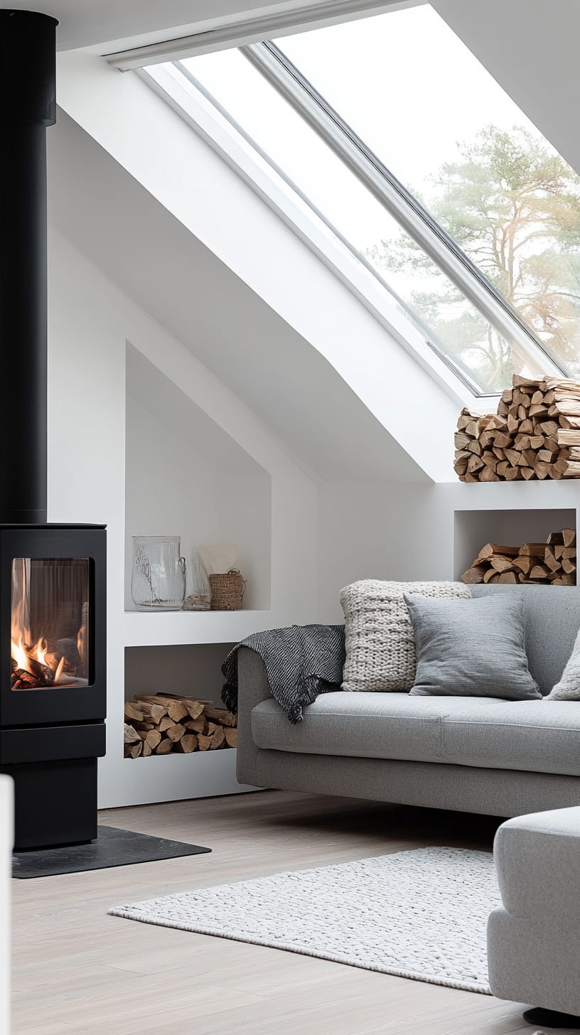 A cozy Scandinavian living room featuring a grey sofa, a black wood stove, stacked firewood, and a skylight, designed with white walls and a bright, inviting atmosphere.
