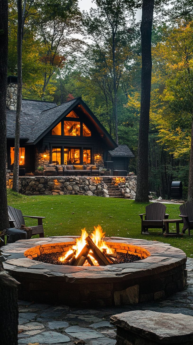 A rustic log cabin with stone accents, featuring a circular fire pit surrounded by chairs and autumn foliage, creating a cozy gathering spot for evening gatherings.
