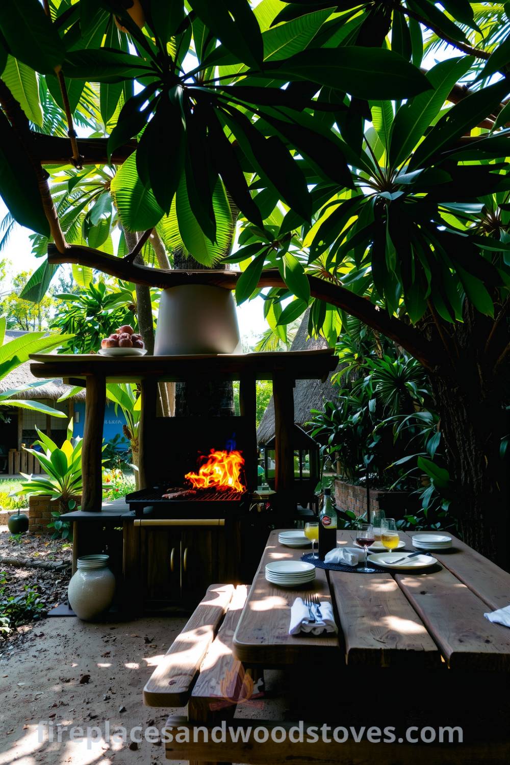 Rustic outdoor barbecue in a tropical jungle setting featuring natural wood construction, a picnic table with dishes and drinks, and vibrant greenery surrounding the scene, creating cozy design ideas for outdoor gatherings at fireplacesandwoodstoves.com.