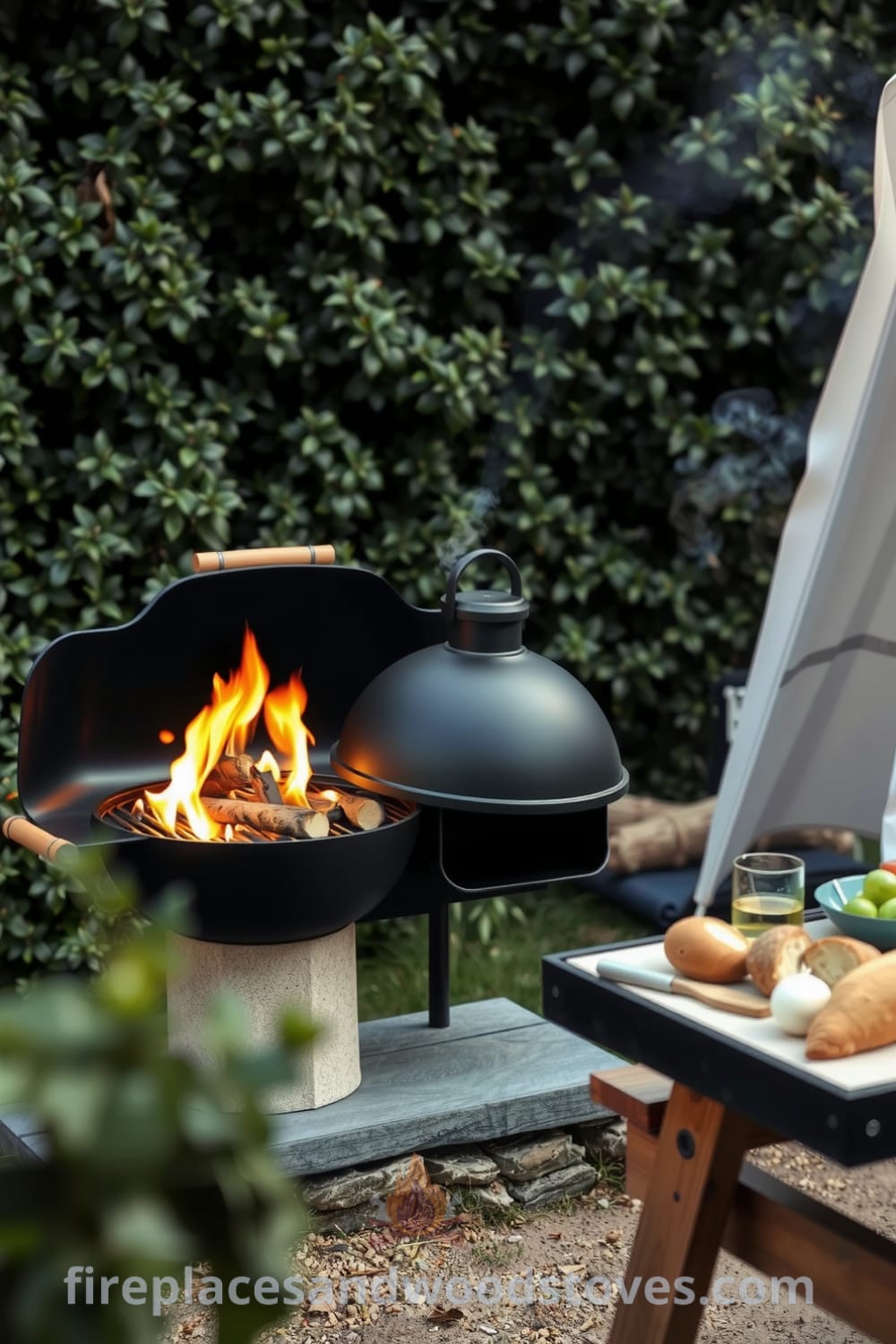 Scandinavian minimalist outdoor barbecue set against lush greenery, featuring a rustic wood-burning grill on a stone base, crackling flames illuminating a picnic table with fresh vegetables and bread, perfect for cozy gatherings. For more cozy ideas and inspirations, visit fireplacesandwoodstoves.com.