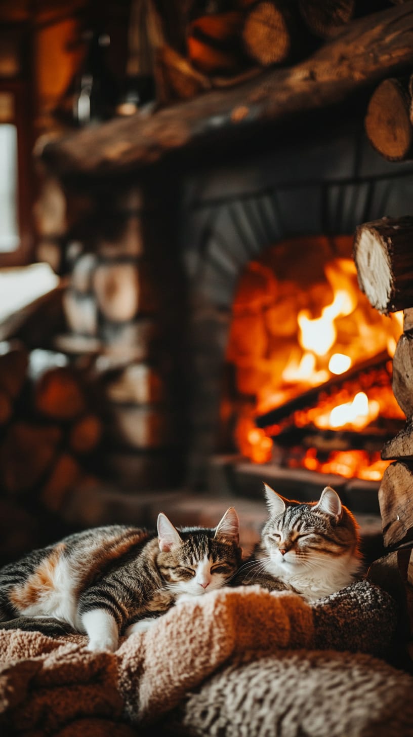 Two cats lying on a blanket in front of a warm fireplace in a rustic wooden cabin, surrounded by stacked firewood.