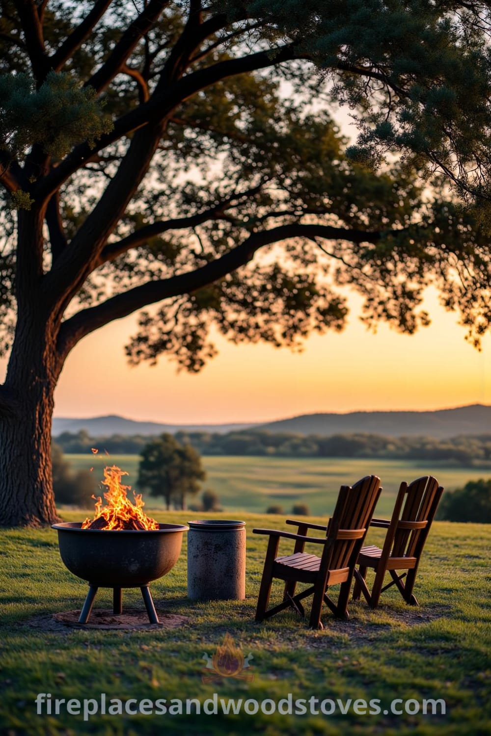 Nomadic firepit barbecue under an oak tree on a grassy patch, surrounded by mismatched outdoor chairs, with warm golden light from the crackling fire, creating a cozy atmosphere for friends to gather. Visit fireplacesandwoodstoves.com for cozy ideas and decor inspirations.