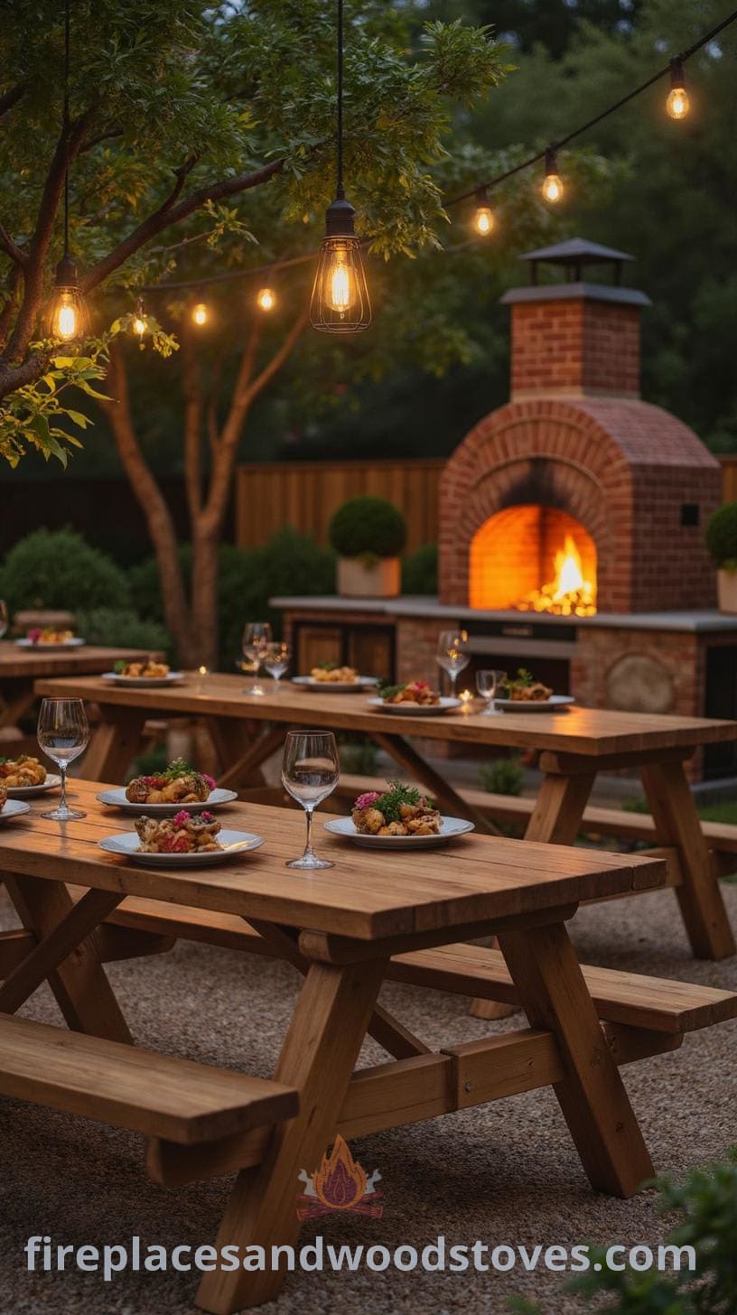 An inviting outdoor kitchen and dining area with wooden picnic tables set with food, lush greenery, hanging pendant lights, and a rustic brick oven, all on a gravel floor.