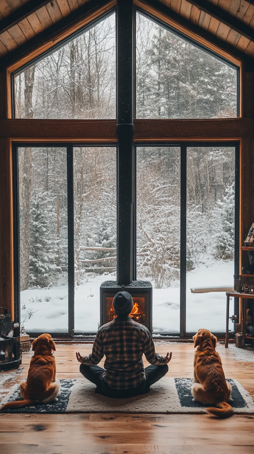 A man meditates in the lotus position beside an open fireplace, with two golden retrievers sitting attentively in a modern cabin, featuring large windows overlooking a snowy forest.