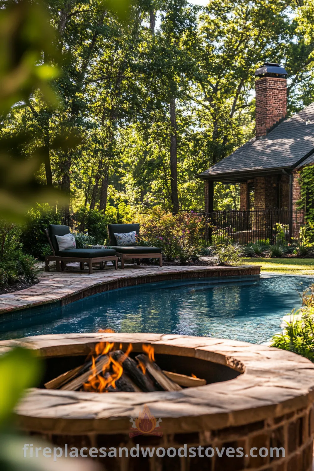Backyard pool retreat featured on fireplacesandwoodstoves.com, showcasing an inground pool, fire pit area, cozy landscaping, and inviting design ideas for an outdoor entertainment area.