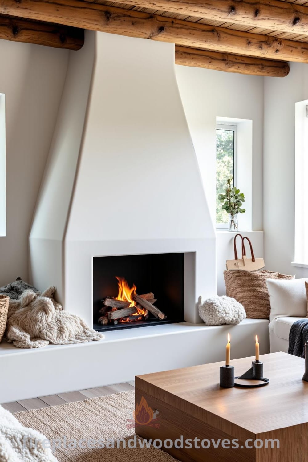 Scandinavian whitewashed fireplace in a sunlit living room featuring a warm hearth, rustic wooden beams, woven blankets, and plush cushions, showcasing cozy ideas and design inspirations for creating a welcoming home. Visit fireplacesandwoodstoves.com for more unique ideas.