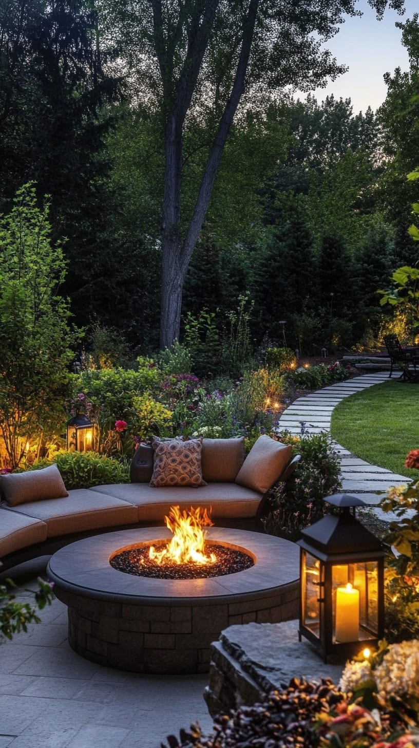A tranquil outdoor garden scene featuring a fire pit surrounded by comfortable seating, with lush greenery and lanterns illuminating the dusk setting.